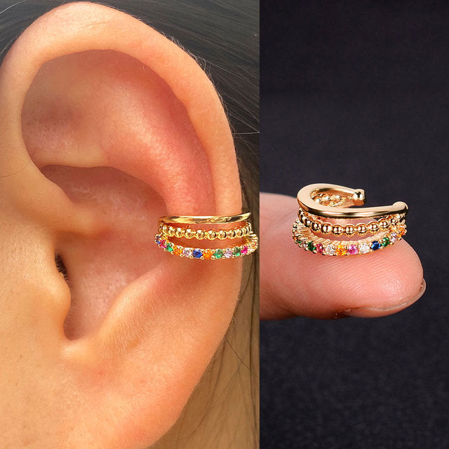 1Pc Hollow Geometry Rainbow CZ Cuff Wrap Clip On Earrings Women Girls Climber Ear Cartilage Bone Clips Fake Earring Non Piercing